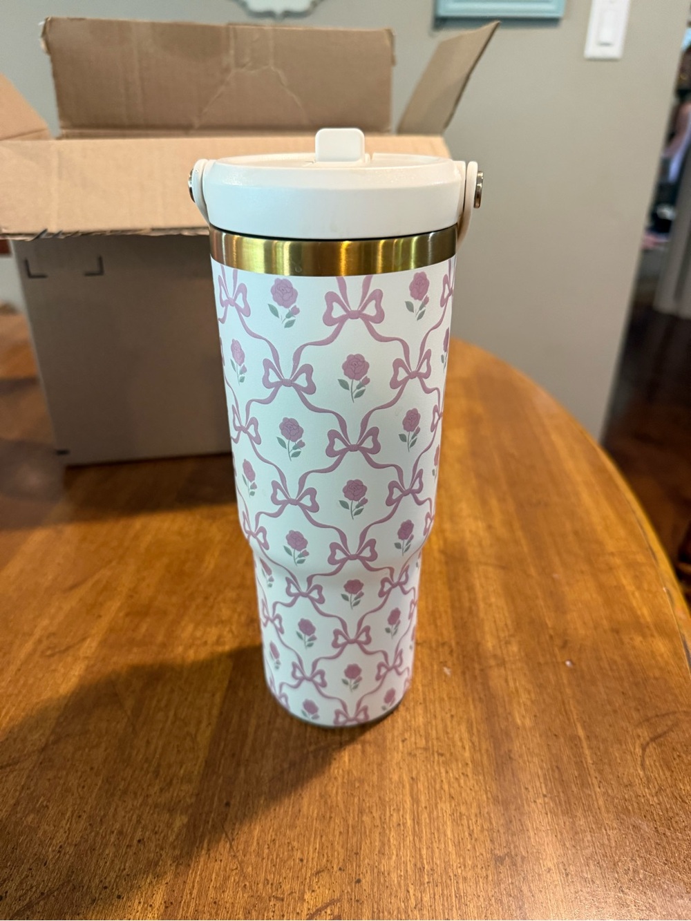 Insulated Floral Travel Tumbler - White with Pink Pattern